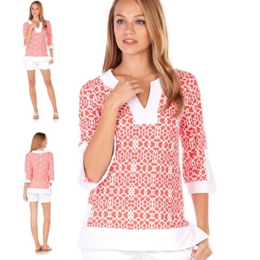 Jude Connally Audrey Coral Orange & White Trellis Tunic Top - XS